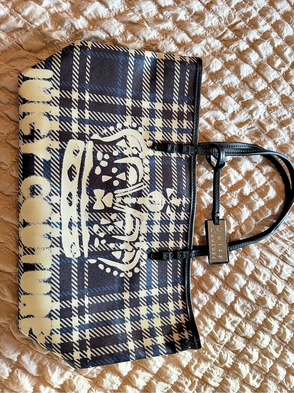 Juicy Couture Plaid Graphic Tote Bag in Blue, Black & Cream